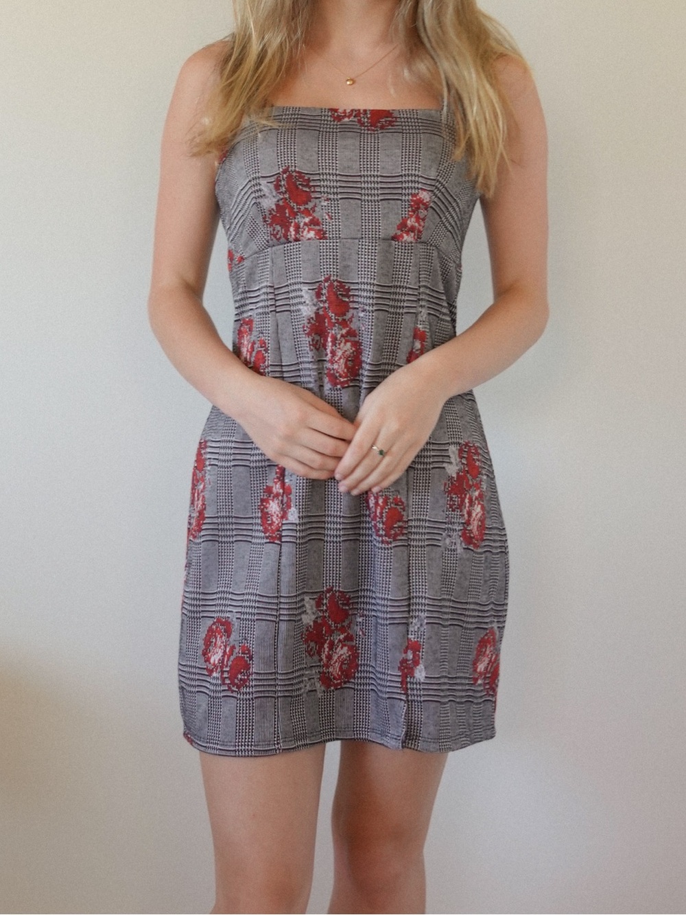 Francesca's Plaid Mini Dress with Red Floral Pattern